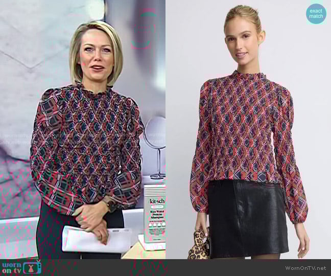 Rixo Smocked Ruffle Neck Top worn by Dylan Dreyer on Today