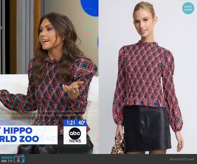 Rixo Smocked Ruffle Neck Top worn by Sophie Flay on Good Morning America