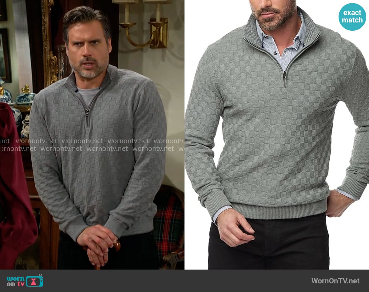 Nick’s grey woven quarter-zip sweater on The Young and the Restless