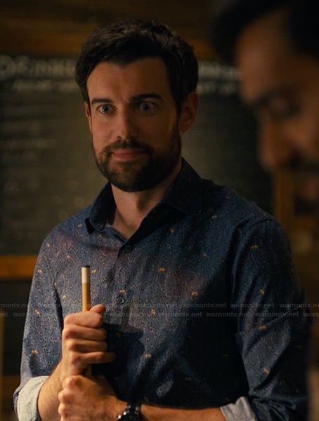 Rob’s blue printed shirt on The Burbs