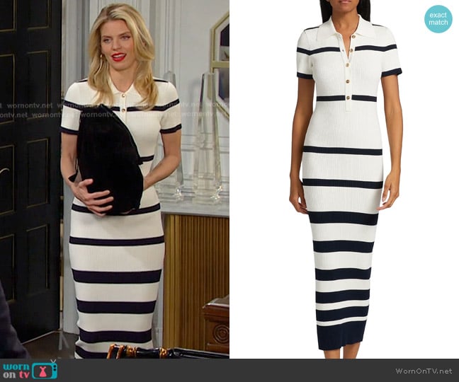 Ronny Kobo Landis Striped Body-Con Midi-Dress in Ivory Navy worn by Catherina Greene (AnnaLynne McCord) on Days of our Lives