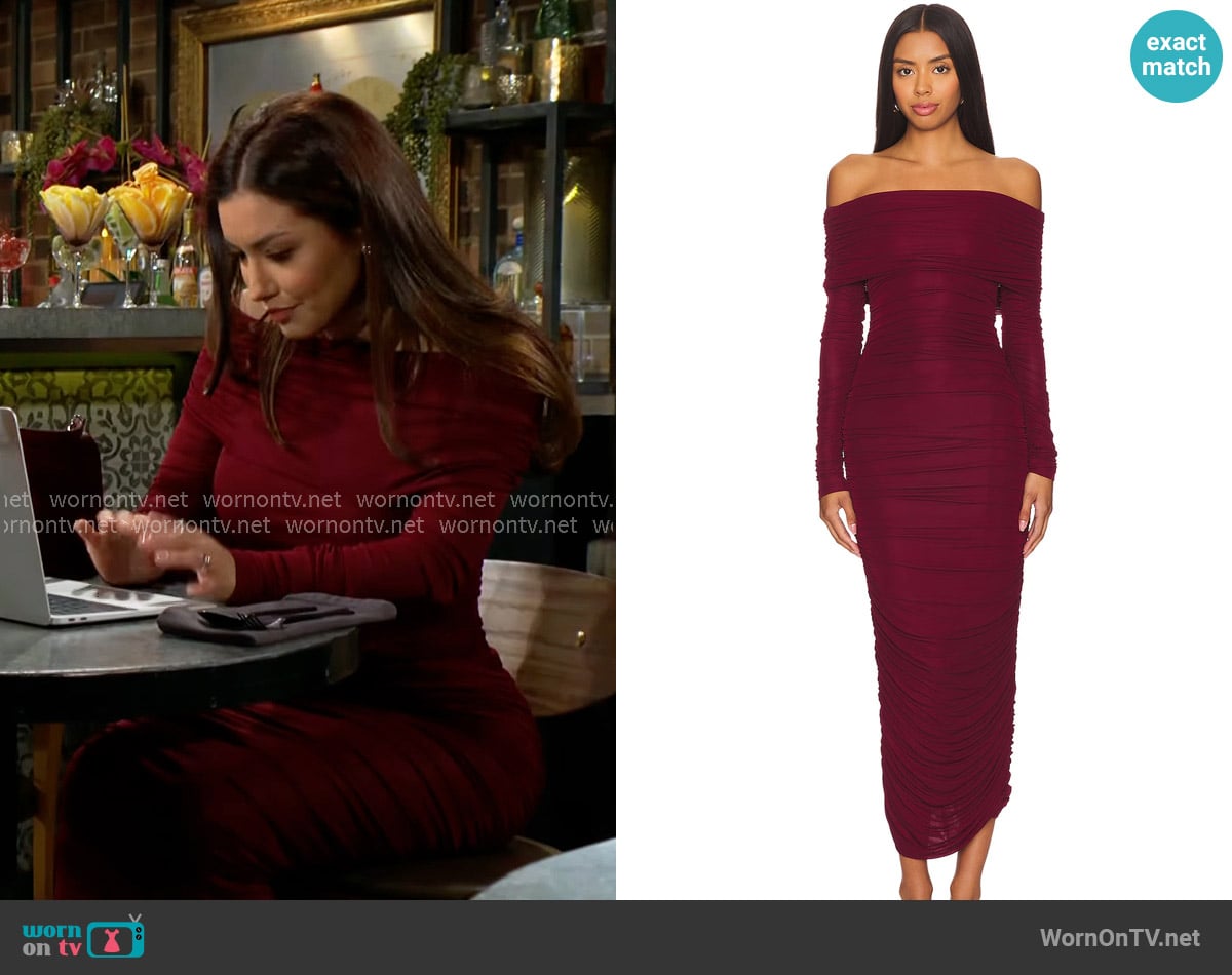 Audra’s red off-shoulder dress on The Young and the Restless