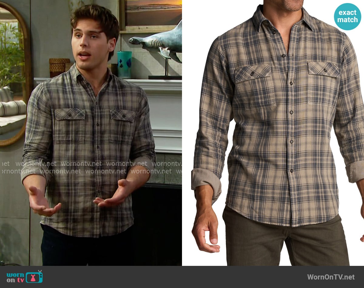Rowan Redding Shirt in Stone Plaid worn by Will Spencer (Crew Morrow) on The Bold and the Beautiful