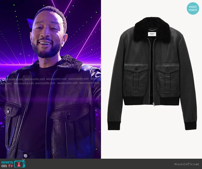 Saint Laurent Bomber Jacket in Bubbled Lambskin and Shearling worn by John Legend on The Voice