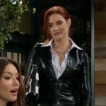 Sally’s black leather button-front dress and checkerboard bag on The Young and the Restless