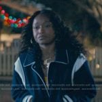 Samira's navy panelled bomber jacket on The Burbs