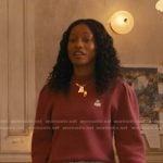 Samira’s maroon sweatshirt and printed pants on The Burbs