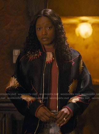 Samira's black floral embroidered bomber jacket on The Burbs