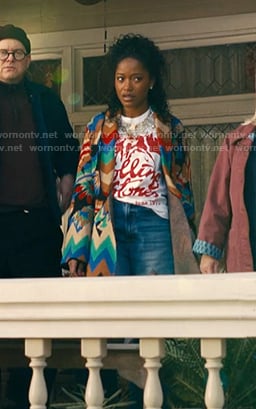 Samira's embellished tee and print wrap cardigan on The Burbs