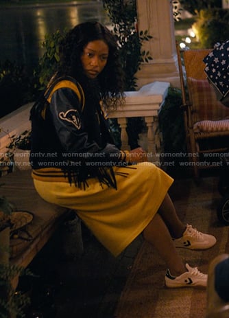 Samira's navy fringed varsity jacket on The Burbs