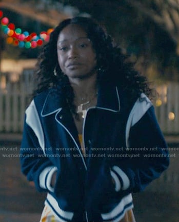 Samira’s navy panelled bomber jacket on The Burbs