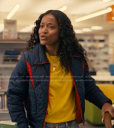 Samira's navy quited puffer jacket on The Burbs