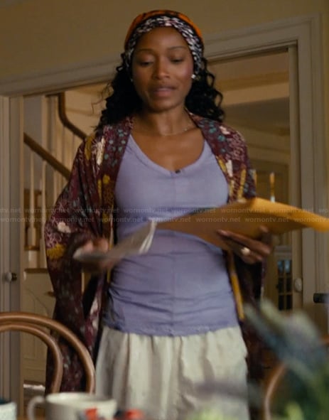 Samira’s purple floral print kimono on The Burbs