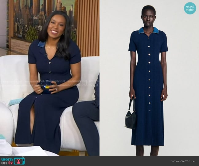 Sandro Denim Collar Knit Maxi Dress worn by Rachel Scott on Good Morning America