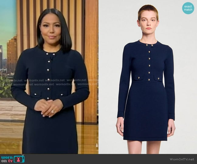 Sandro Mini Button-up Knit Dress in Navy Blue worn by Stephanie Ramos on Good Morning America