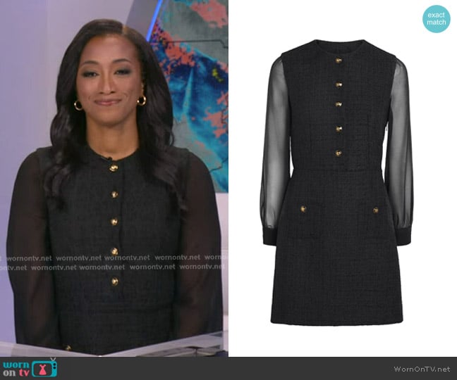 Brittany’s black sheer sleeve tweed dress on GMA