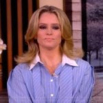 Sara’s blue contrast stripe shirt and pants on The View