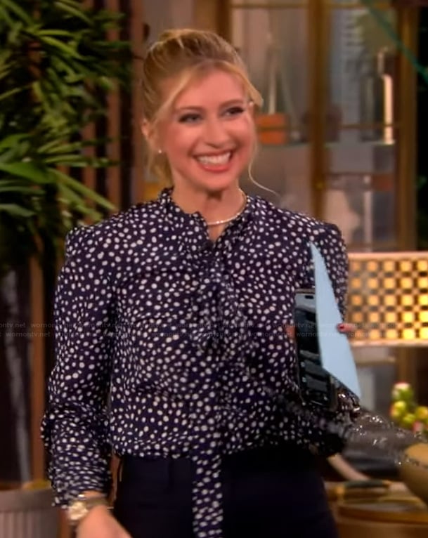 Sara Eisen’s blue navy spotted tie neck blouse on The View