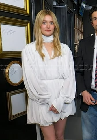 Sarah Pidgeon’s white scarf neck mini dress on Good Morning America