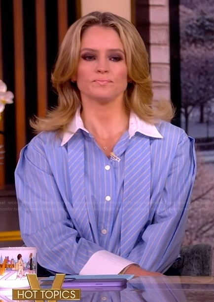 Sara's blue contrast stripe shirt and pants on The View