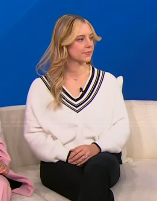 Savannah’s white varsity sweater on Tamron Hall Show