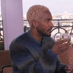 Scott’s blue striped fuzzy cardigan on Access Hollywood