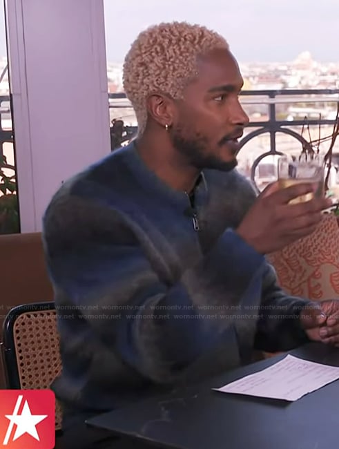 Scott’s blue striped fuzzy cardigan on Access Hollywood