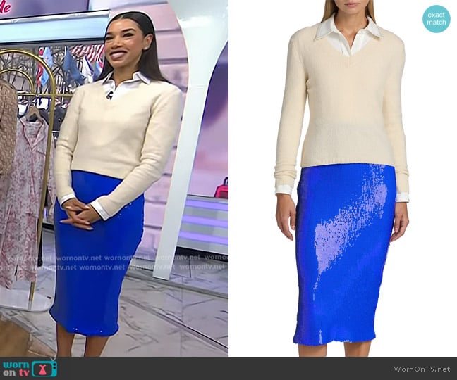 Sergio Hudson Stretch-Cashmere V-Neck Sweater in Vanilla worn by Hannah Bronfman on Today