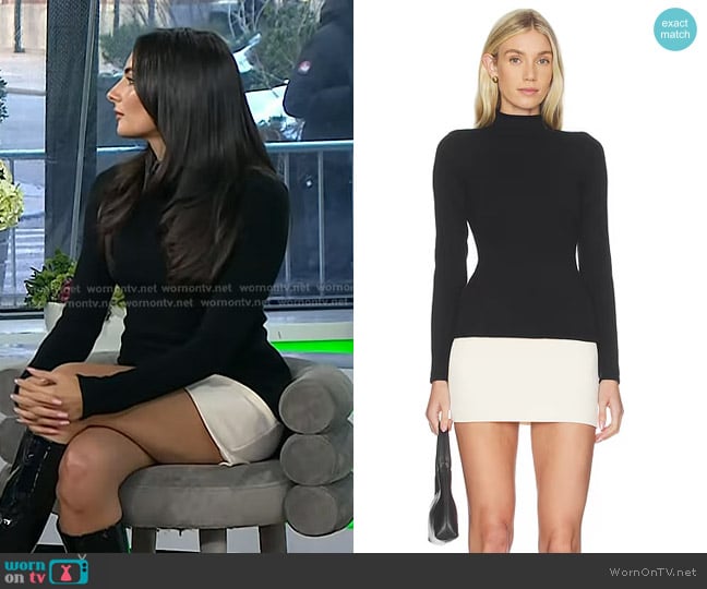 Paige DeSorbo’s black sweater and white mini skirt on Today