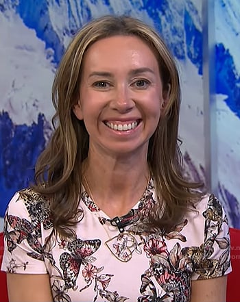 Shannon Doherty’s pink butterfly print tee and skirt on NBC News Daily