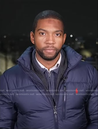 Shaquille Brewster's navy down jacket on NBC News Daily