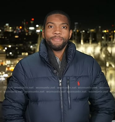 Shaquille Brewster's navy down jacket on NBC News Daily