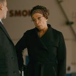 Sharon’s black wrap coat on Chicago Med