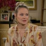 Sharon’s yellow floral tie-neck blouse on The Young and the Restless