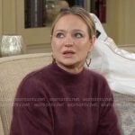 Sharon’s plum purple fluffy sweater on The Young and the Restless