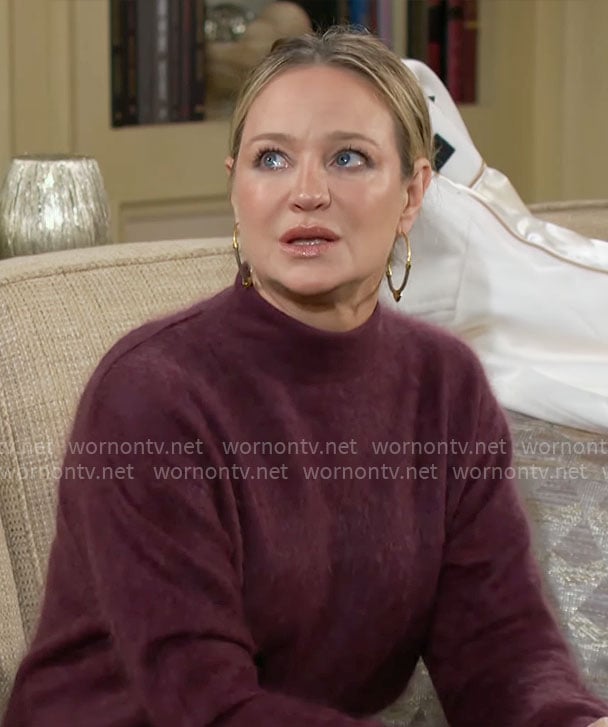 Sharon’s plum purple fluffy sweater on The Young and the Restless