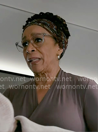 Sharon's taupe cross front top on Chicago Med