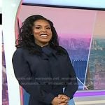 Sheinelle's navy tie neck blouse and colorblock skirt on Today