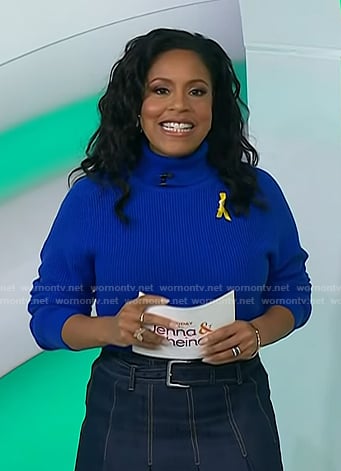 Sheinelle’s blue turtleneck sweater and denim pleated skirt on Today