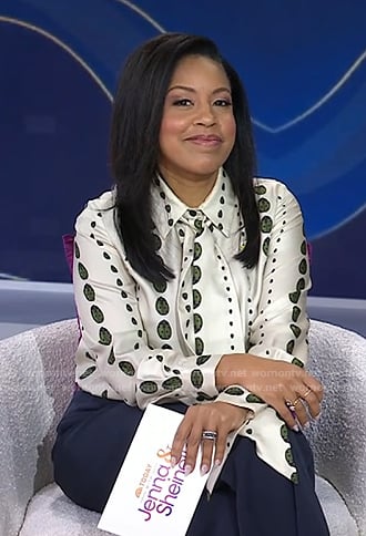 Sheinelle’s white and green print tie neck blouse on Today