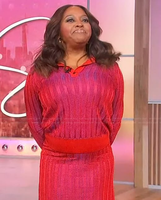 Sherri’s red ribbed polo and skirt on Sherri