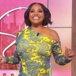 Sherri’s yellow printed mesh off shoulder dress on Sherri