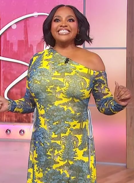 Sherri’s yellow printed mesh off shoulder dress on Sherri