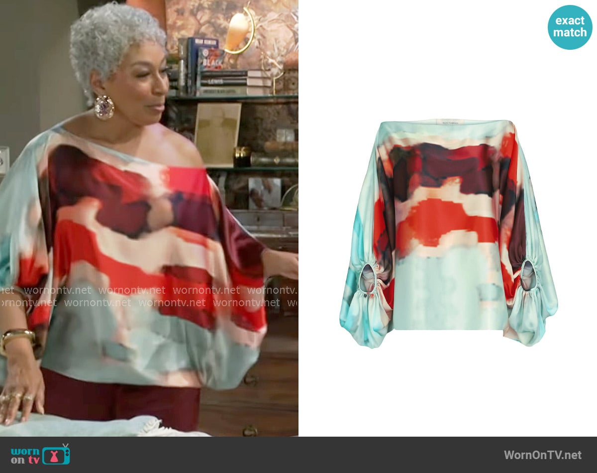 Silvia Tcherassi Bellagio Silk Off-The-Shoulder Blouse worn by Anita Dupree (Tamara Tunie) on Beyond the Gates