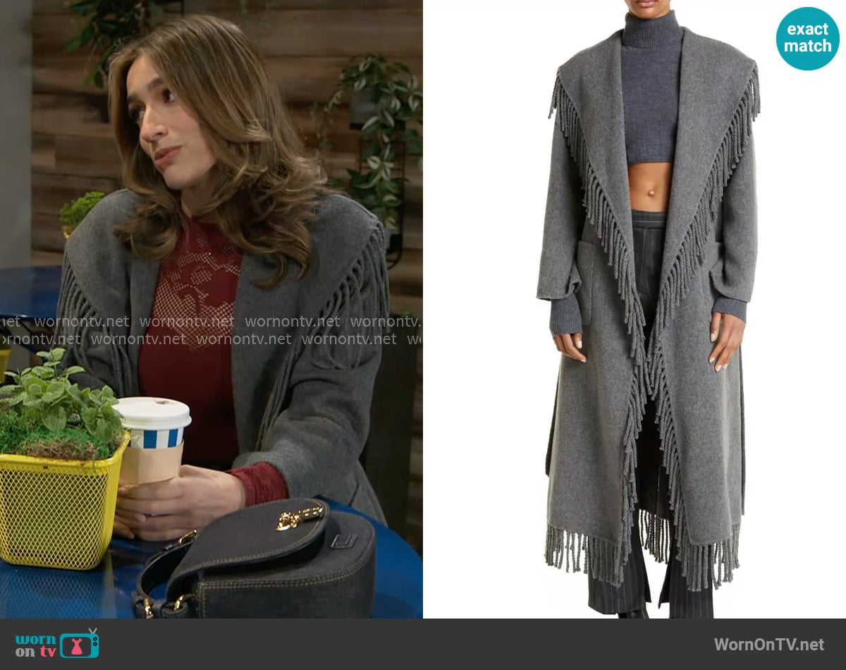 Simkhai Carrie Fringe Wool Blend Robe Coat worn by Ashley Morgan (Jen Jacob) on Beyond the Gates