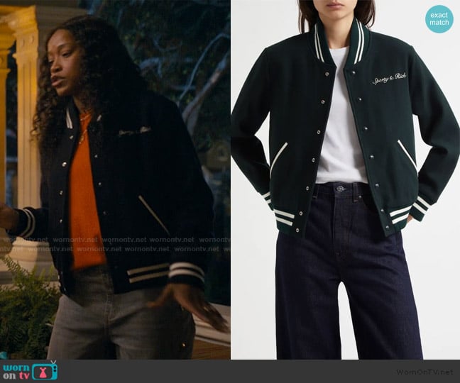 Sporty and Rich Syracuse Wool Blend Graphic Varsity Jacket worn by Samira Fisher (Keke Palmer) on The Burbs