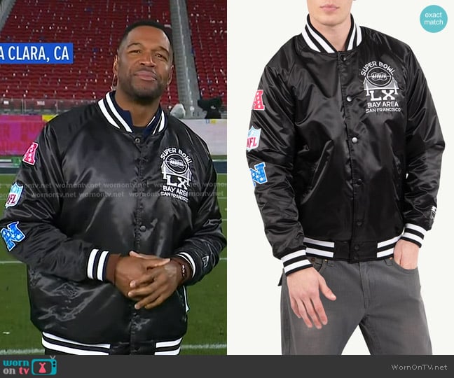 Michael Strahan’s black varsity jacket on GMA