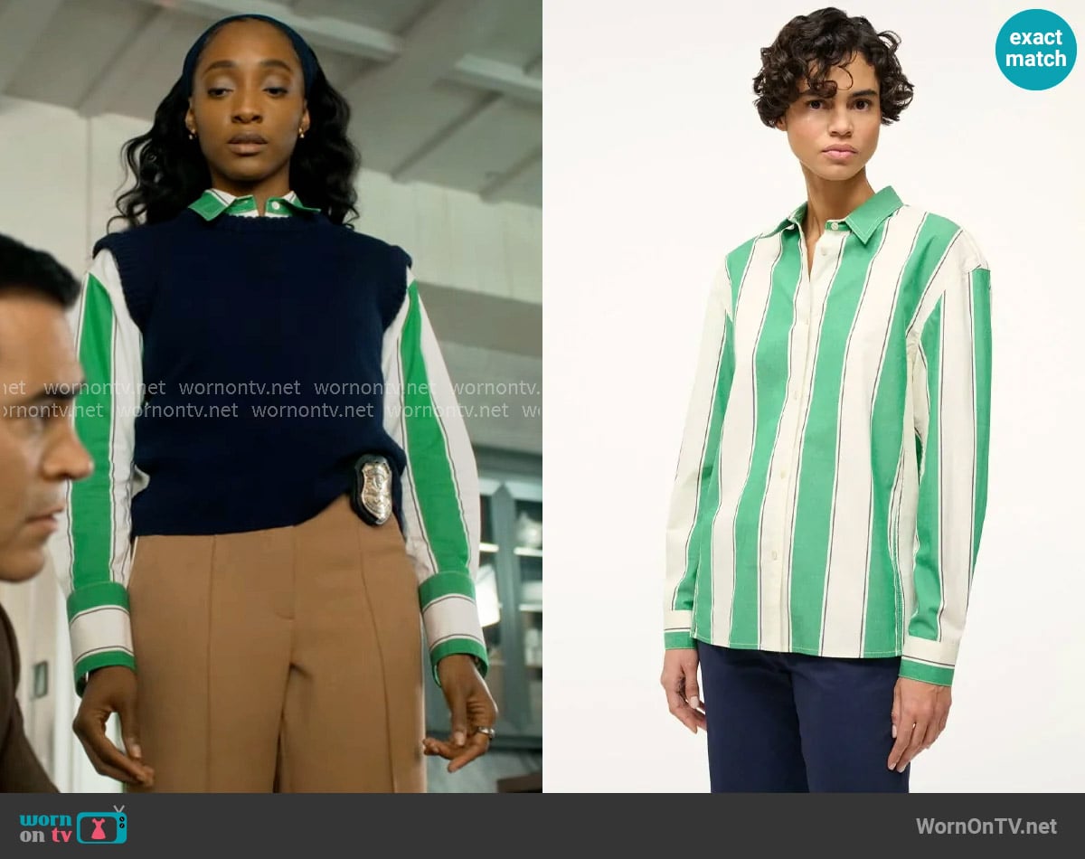 Staud Kelly Shirt in Bungalow Stripe worn by Faith Mitchell (Iantha Richardson) on Will Trent