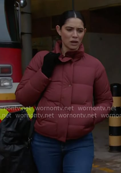 Stella’s dark red puffer jacket on Chicago Fire