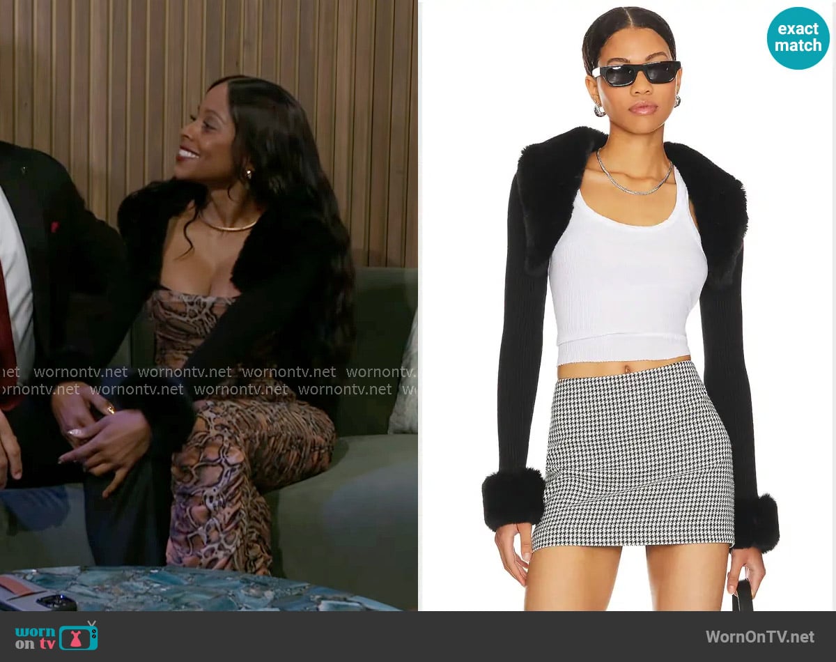 Superdown Amy Faux Fur Bolero worn by Hayley Lawson (Marquita Goings) on Beyond the Gates